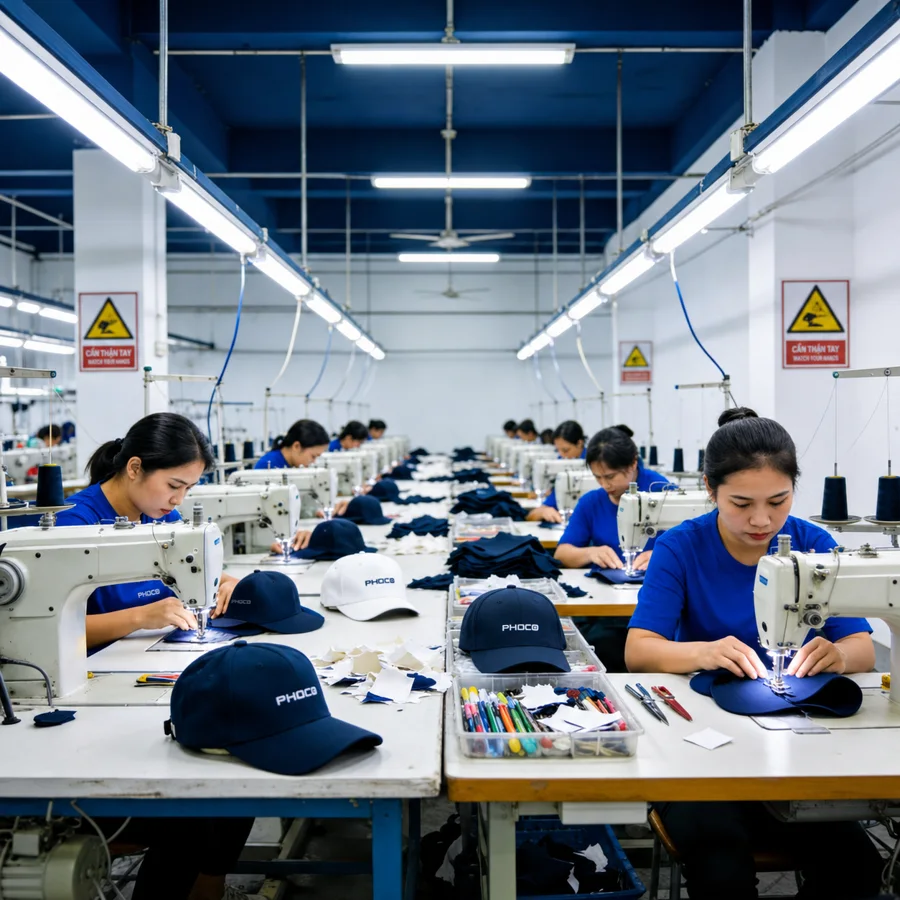 Công nhân đang may nón tại xưởng sản xuất PHOCO